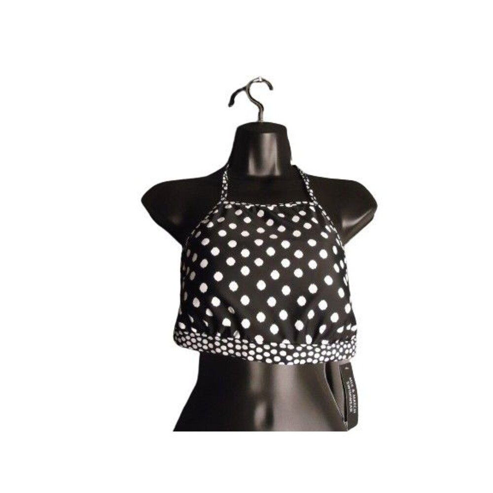 A New Approach Tie Neck Bikini Halter Swim Top L Black White Polka Dot